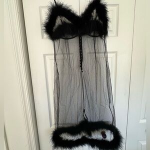 Rosamosario 100% Italian Silk, Marabou, and Tulle Black Midi Dress Chemise